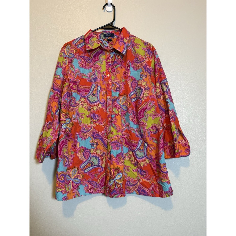 Chaps Colorful Floral Paisley Button Up Womens Shirt Size 2X Artsy Boho Retro